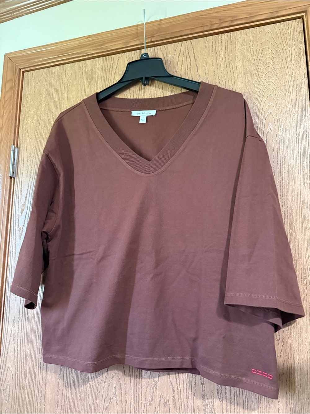 NWT - Peace Love World V-Neck Side Pleat Tee 3/4 Sleeve- Chocolate Fndnt